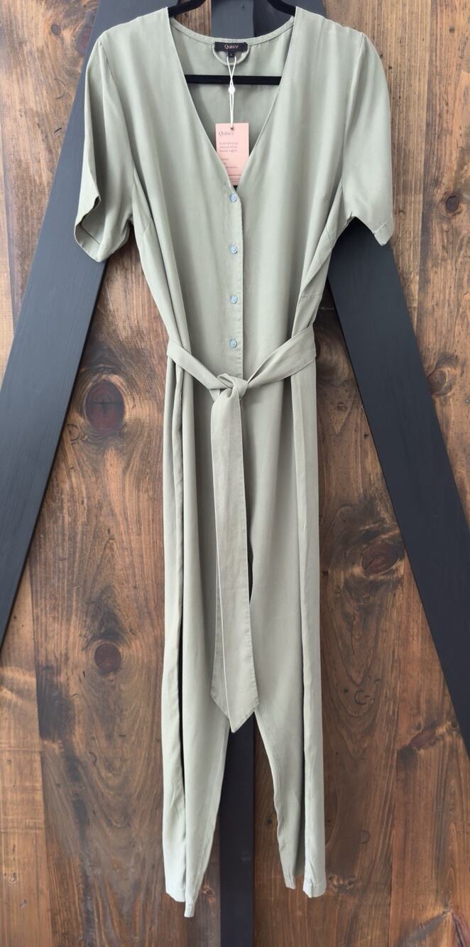 Quince Tencel Oversized SS Button Front Jumpsuit w/ Belt Sage Green Size L